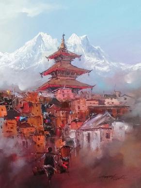 Hindu Temple & Mountain 20'' x 30'' Acrylic on Canvas