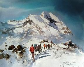 Treaking Thorong La Pass 22'' x 15'' Water Colour