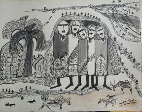 Village People 13×17 Still Life Painting black ink pen on paper with glass frame