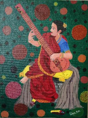Woman playing with sitar 10×13 Woman Painting Acrylic on stretched canvas