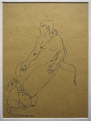 Woman With Her Dog 8''x11'' Vertical Pen and Ink Painting on Paper